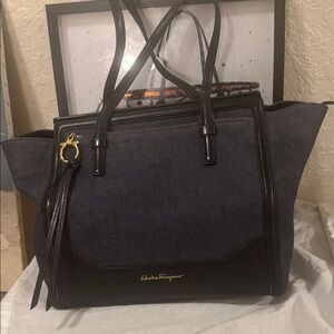 Salvatore Ferragamo Black and Dark Gray Tote